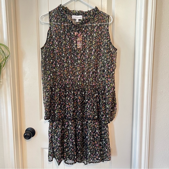 Sugarhigh Juniors Small Tiered Sheer Ditsy Floral Black Mini Dress Boho Prairie - Picture 2 of 14